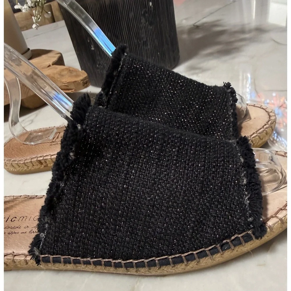 Eric Michael Handmade in Spain Black Shimmer Fringe Espadrille Slides Sz 39 8.5